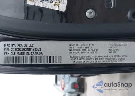 2022 Dodge Challenger Gt z USA, uszkodzony, nr VIN 2C3CDZJG3NH128533